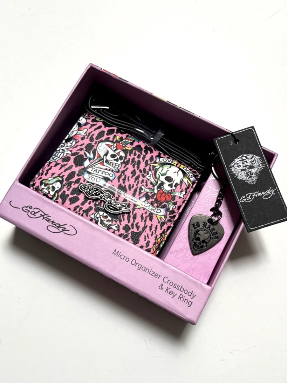 NWT Ed Hardy Pink Leopard Skull Micro Organizer Crossbody Bag & Keychain Set